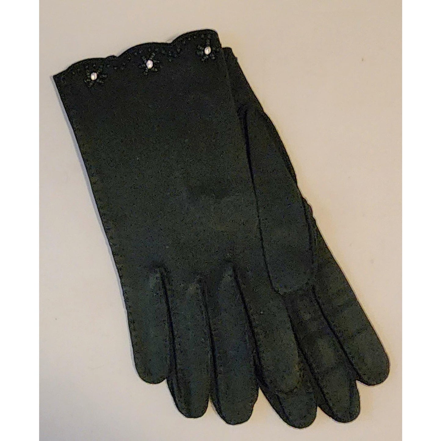 Vintage Rhinestone Gloves 1940s 50s Black Wrist Gloves Tiny Black Beads Prong Set Rhinestones Wear Right Western Germany Mid Century 6 1/2