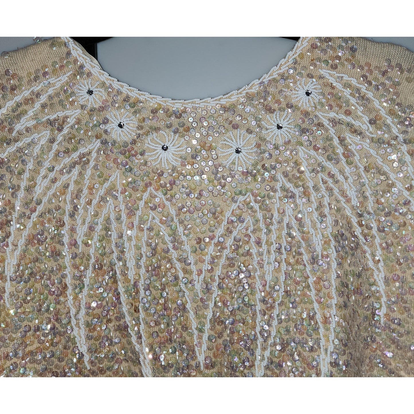 Vintage Beaded Sweater 1950s 60s Cream Wool Zip Back SS Top Tiny Glass Beads Sequins Rhinestones Mid Century L AS IS missing sequins