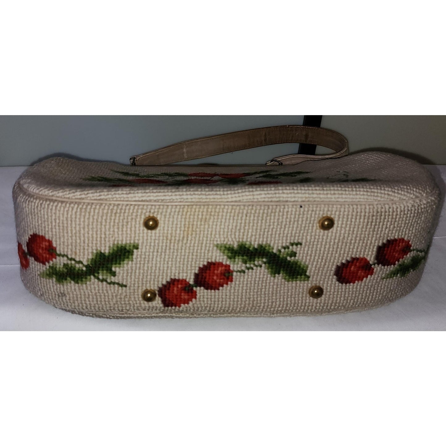 Vintage Cherry Purse Large 1950s Beige Wool Embroidered Bag Red Cherries Green Leaves Mid Century Rockabilly