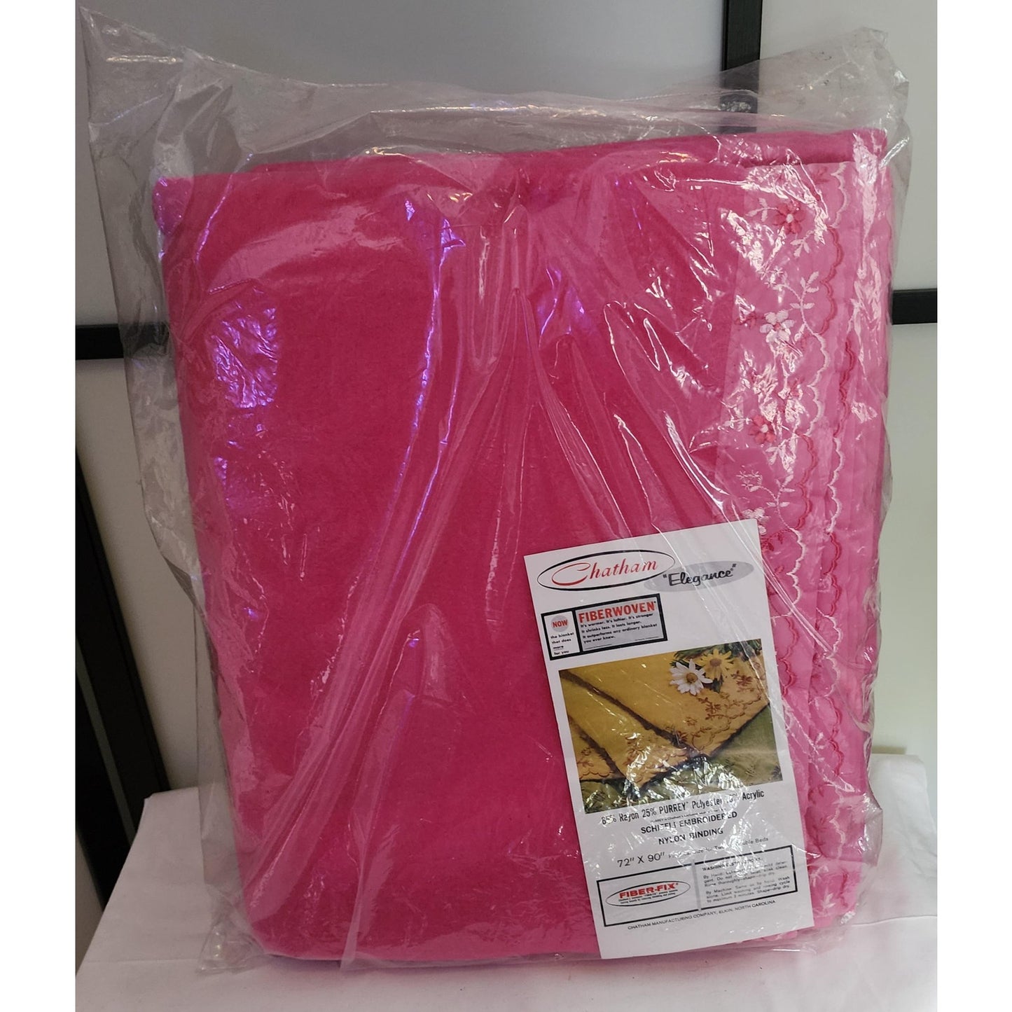 Unused Vintage Blanket 1960s Bright Pink Rayon Poly Acrylic Blanket Pink Floral Embroidered Trim NIP Mid Century Bedding 72 x 90 in