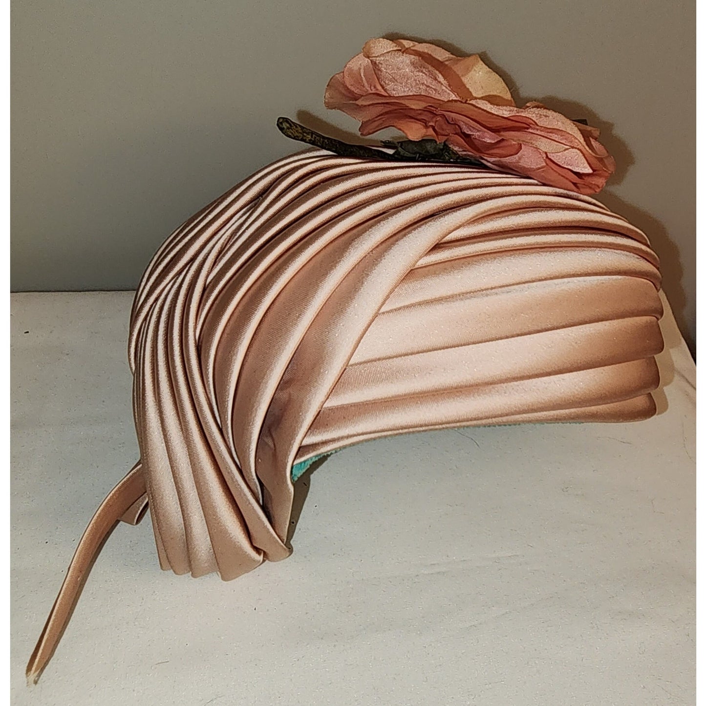 Vintage Satin Hat 1950s Peach Pleated Satin Asymmetric Half Hat Large Flower Floral Half Hat Mid Century Art Deco 20.5 21 in.