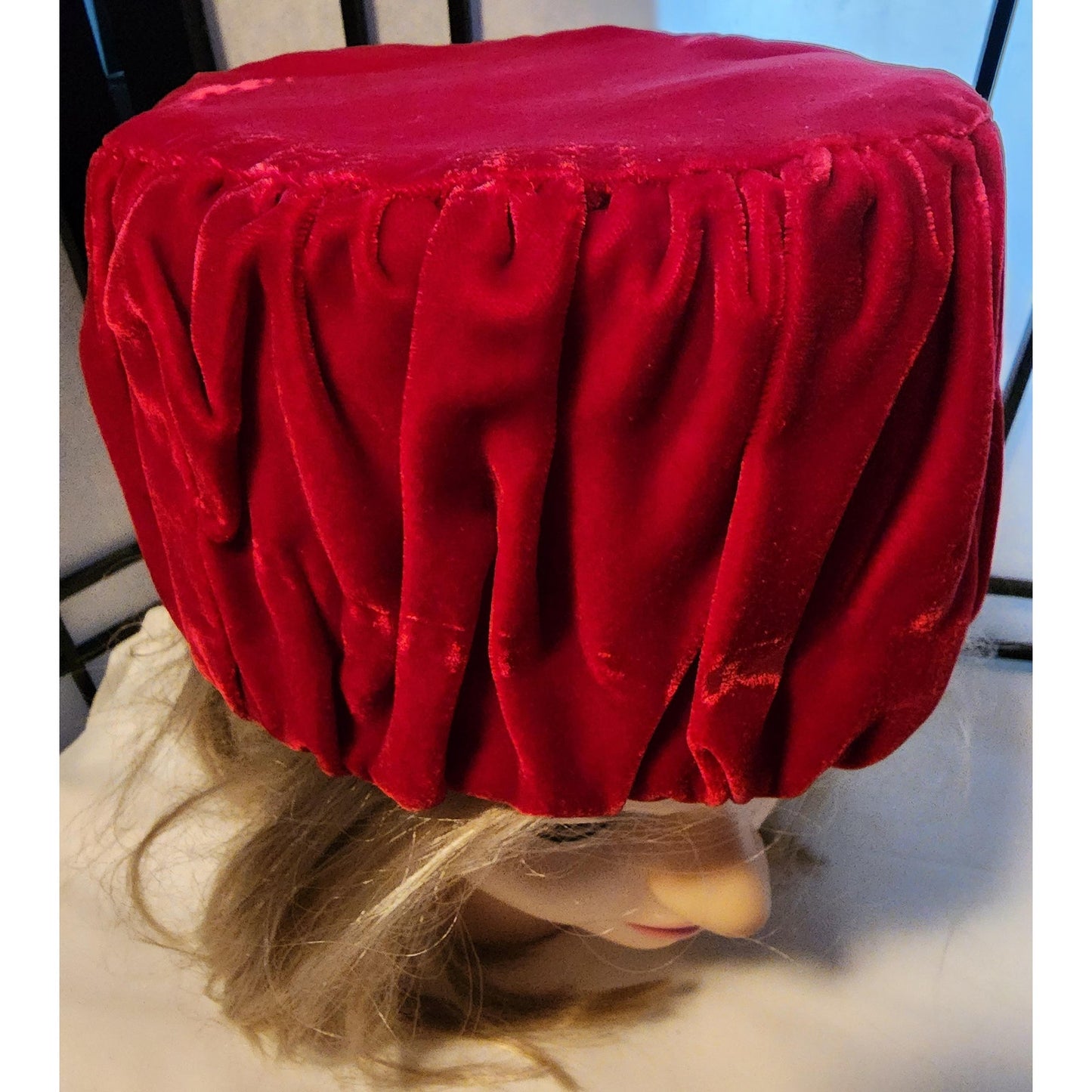 Vintage Pillbox Hat 1950s 60s Bright Red Pleated Velvet Tall Round Pillbox Hat Mid Century Handmade 21 in.