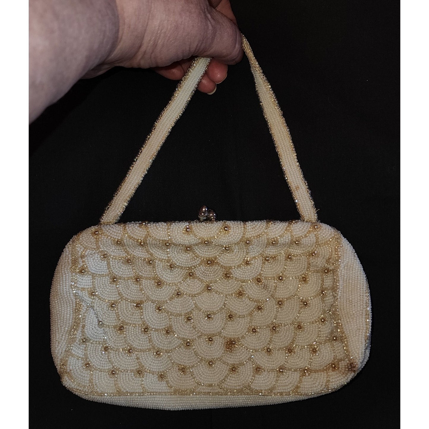 Vintage Beaded Purse 1940s 50s White Cream Glass Bead Top Handle Purse Faux Pearls Satin Lining Mid Century Wedding Bridal Small Mark