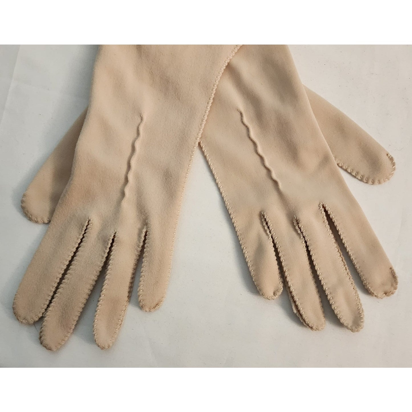 Vintage Pink Gloves 1950s Soft Light Shell Pink Nylon Fabric Midlength Gloves Mid Century 7 7.5 or so