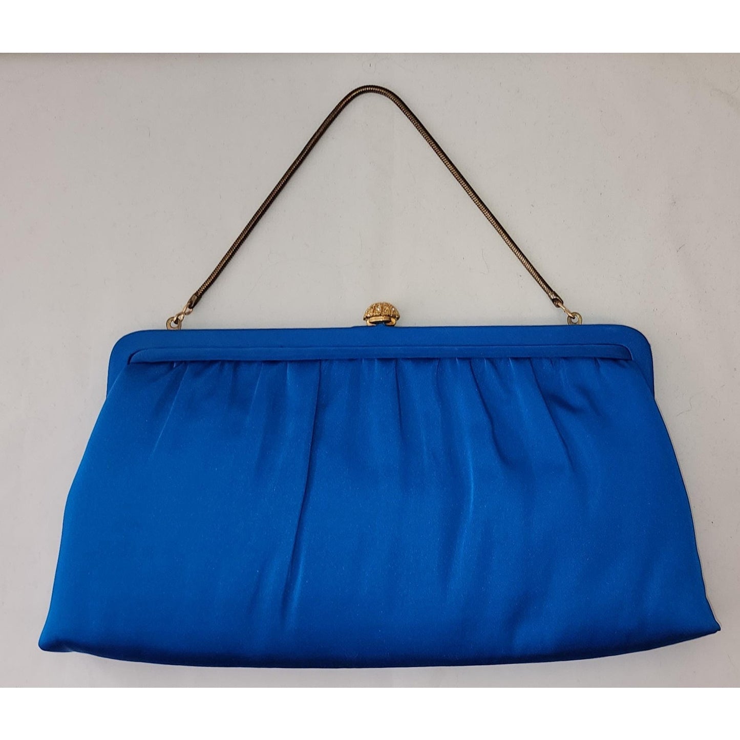 Vintage Clutch Purse 1950s 60s Bright Blue Satin Clutch Evening Bag Gold Rhinestone Clasp Optional Chain Handle HL USA Mid Century