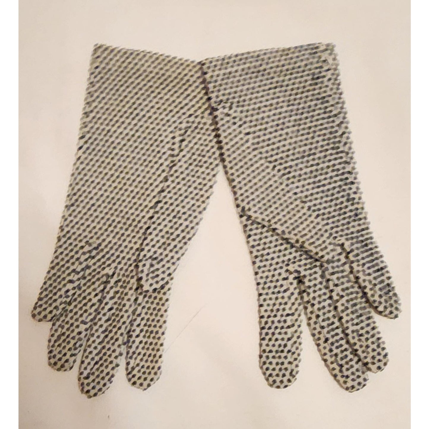 Vintage Polkadot Gloves 1960s Black and White Stretch Nylon Textured Tiny Polka Dot Wrist Gloves Mid Century Mod One Size