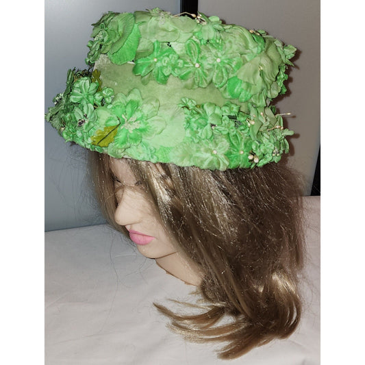 Vintage Floral Hat Large 1950s 60 Green Floral Hat Pearls Garden Party Mid Century 21 in.