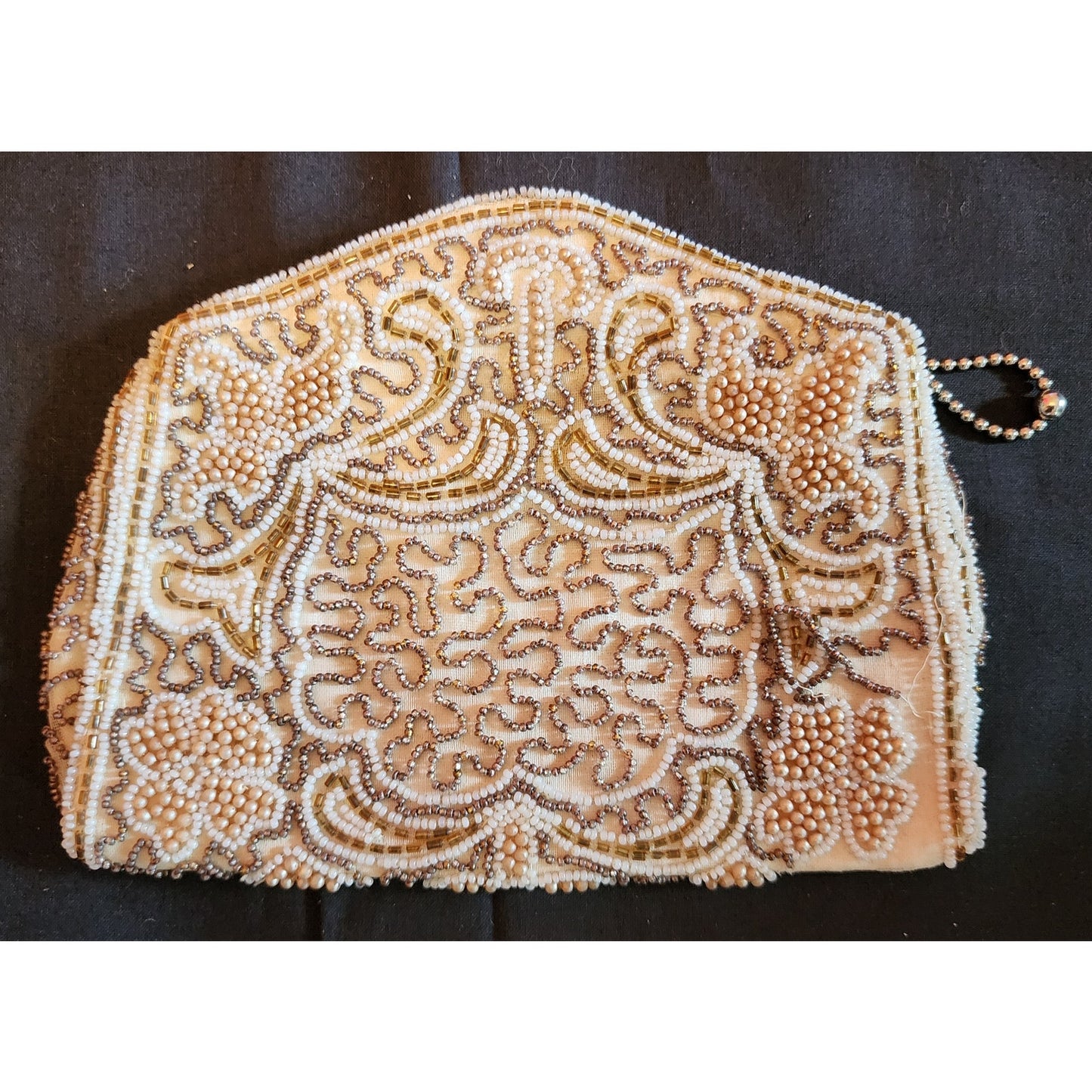 Vintage Beaded Purse 1930s 40s Small Cream Beaded Zipper Purse Glass Seed Beads Tiny Faux Pearls Handmade in Belgium Art Deco AS IS