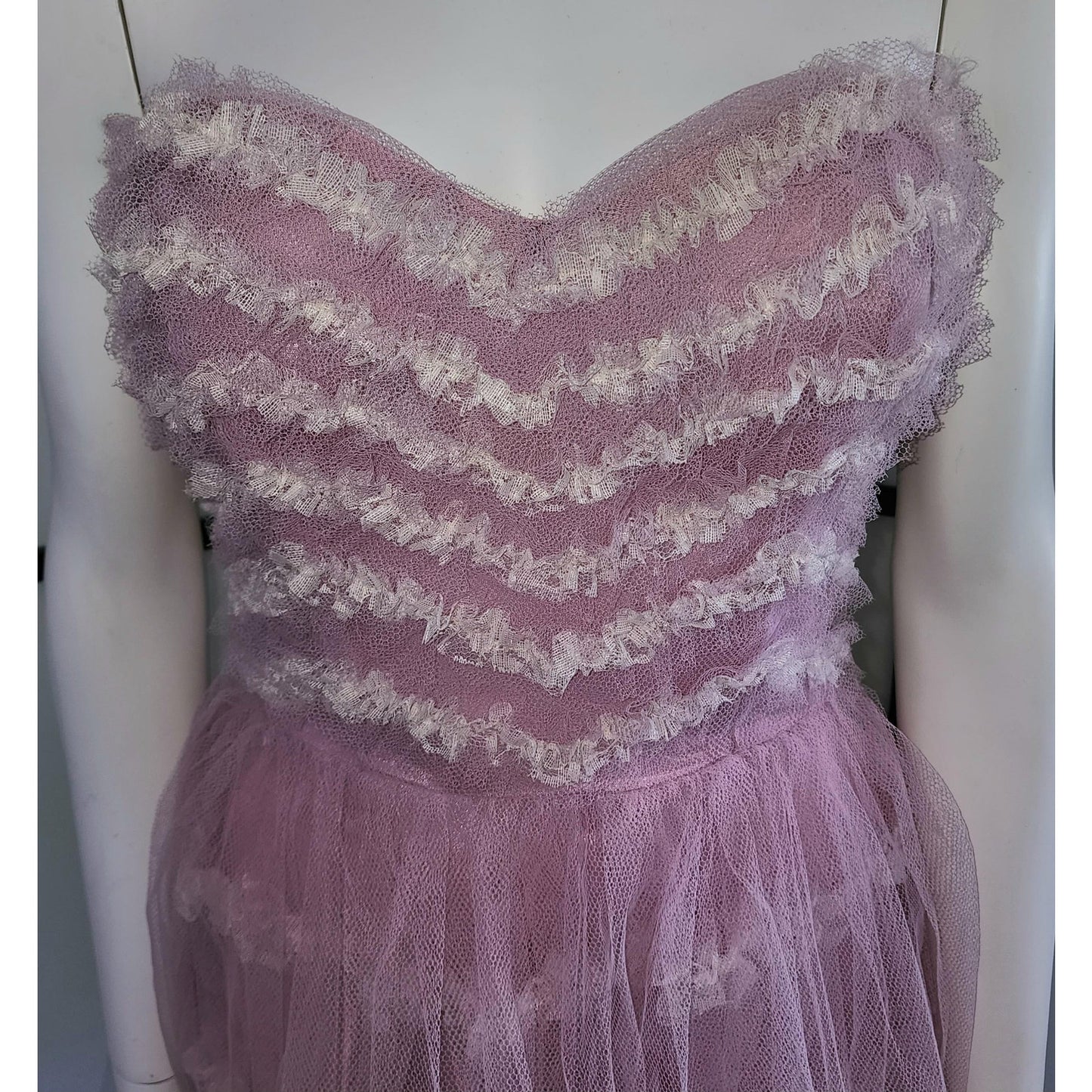 Vintage 1950s Dress Strapless Pink White Net Lace Bouffant Prom Dress Sweetheart Bodice Mid Century Rockabilly M