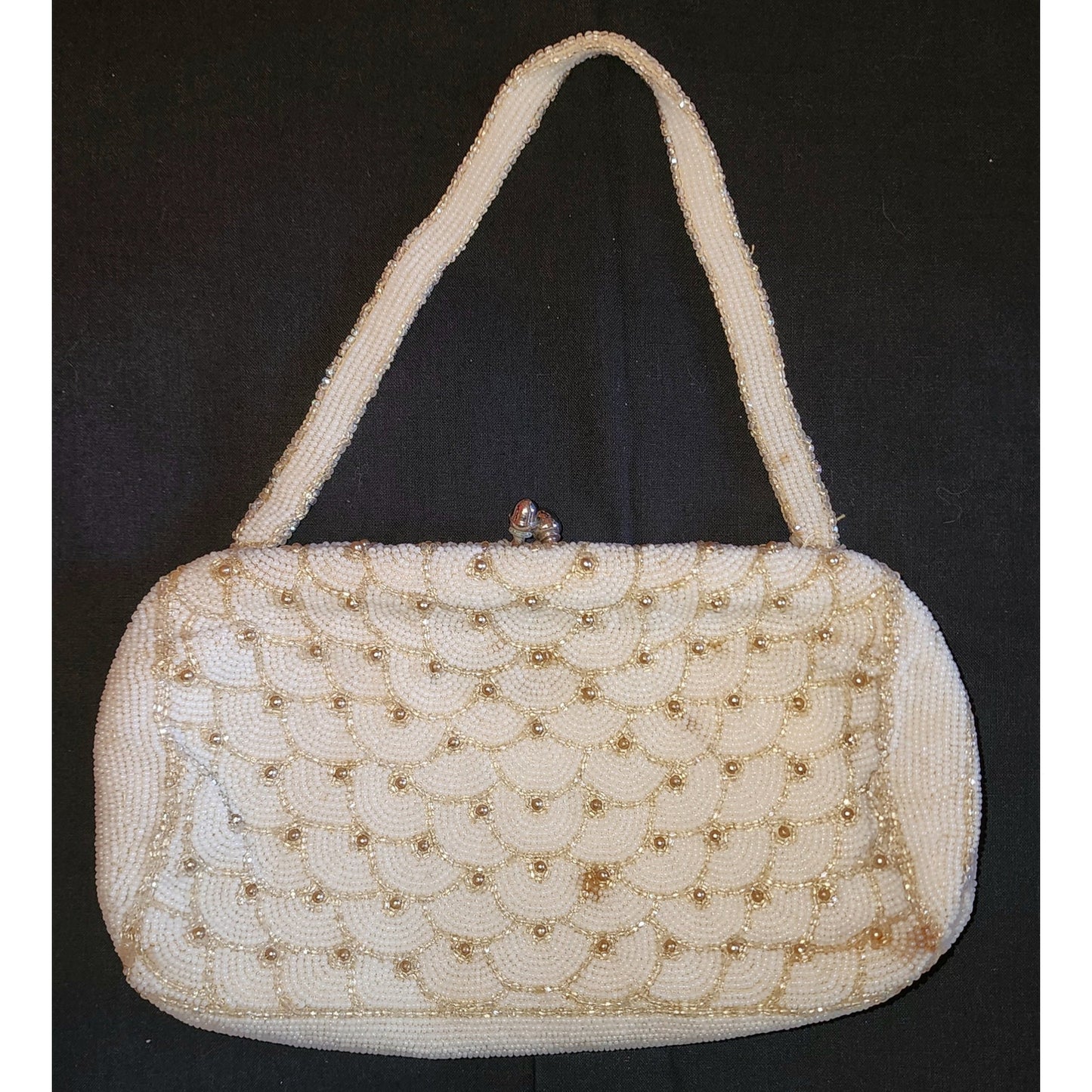 Vintage Beaded Purse 1940s 50s White Cream Glass Bead Top Handle Purse Faux Pearls Satin Lining Mid Century Wedding Bridal Small Mark