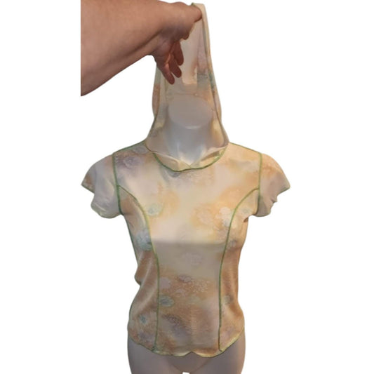 Vintage Hooded Top 1970s Thin Nylon Watercolor Floral Print Hooded Pullover Top Hippie Boho S M