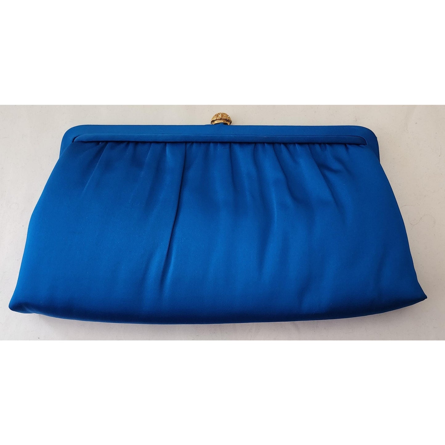 Vintage Clutch Purse 1950s 60s Bright Blue Satin Clutch Evening Bag Gold Rhinestone Clasp Optional Chain Handle HL USA Mid Century