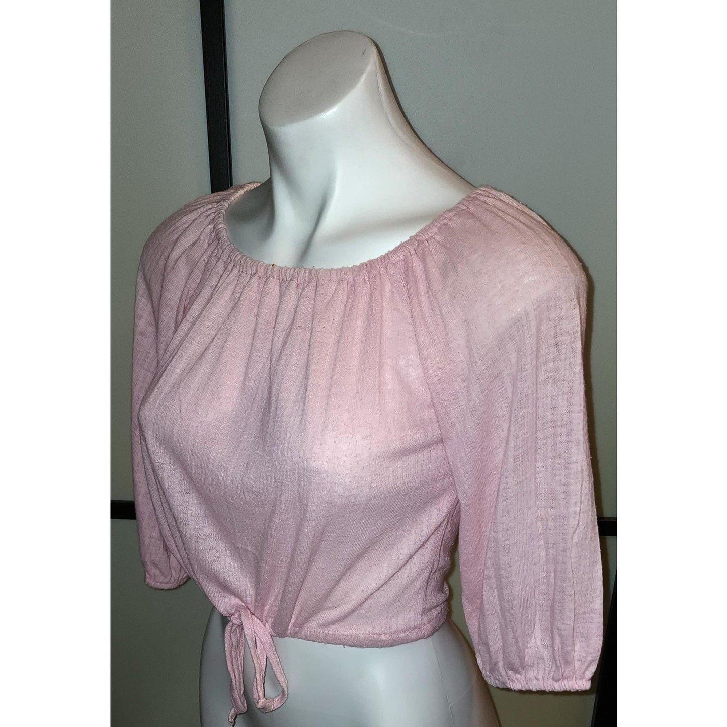 Vintage Drawstring Top 1970s Pink Gauze Drawstring Waist Crop Top Half Sleeves Off Shoulder Hippie Boho S