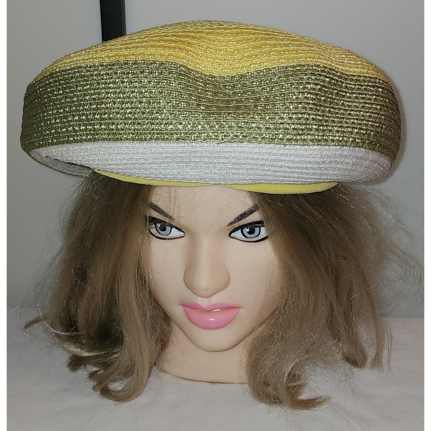 Vintage 1960s Hat Large Straw Beret Pouf Style Green Yellow White Hat Velvet Trim Mid Century Mod 21.5 inches