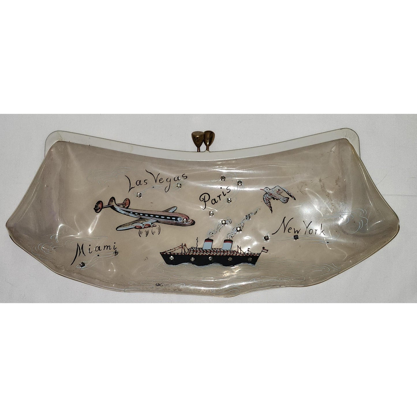 Vintage 1950s Purse Large Clear Vinyl Clutch Whimsical Travel Motifs Paris Vegas NY Miami Plane Ship Rhinestones Mid Century Rockabilly