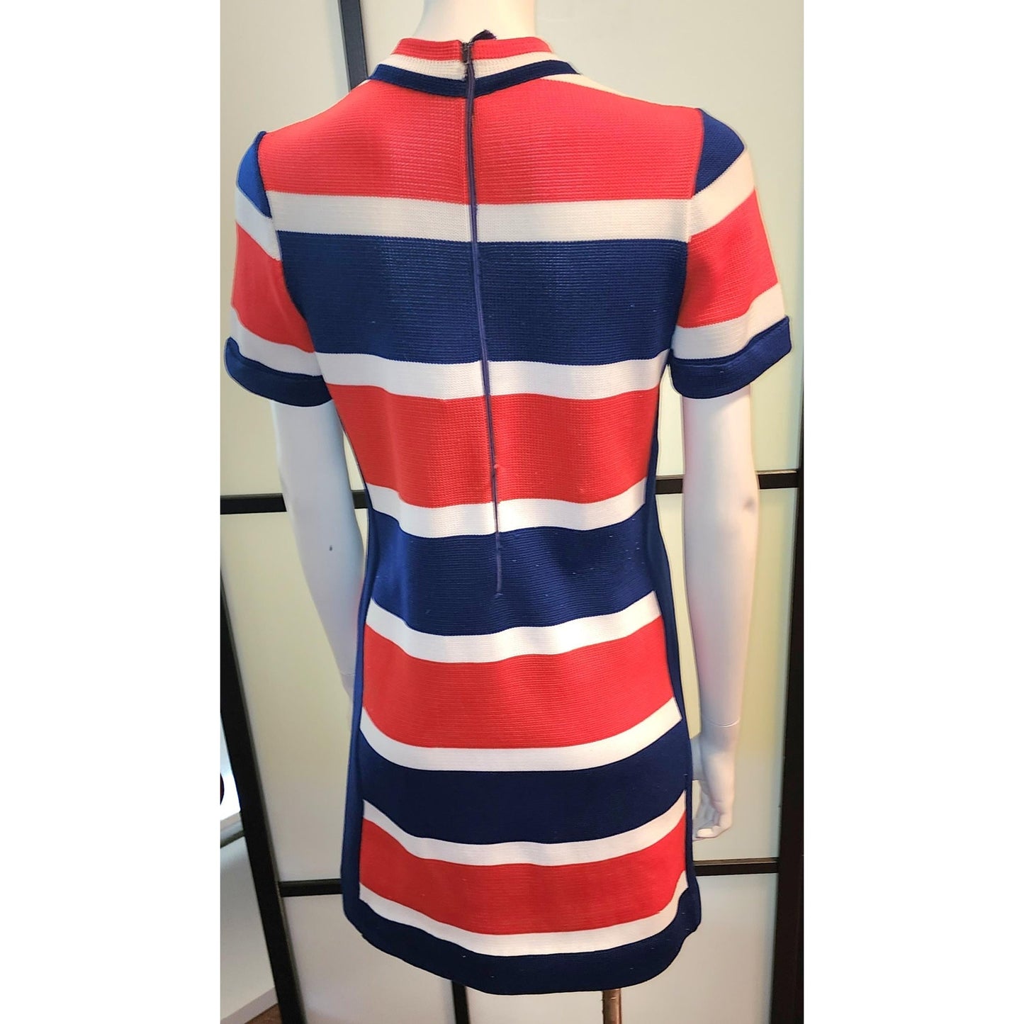 Vintage Mod Dress 1960s 70s Red White Blue Horizontal Striped Stretchy Knit Polyester Dress Patriotic Boho M