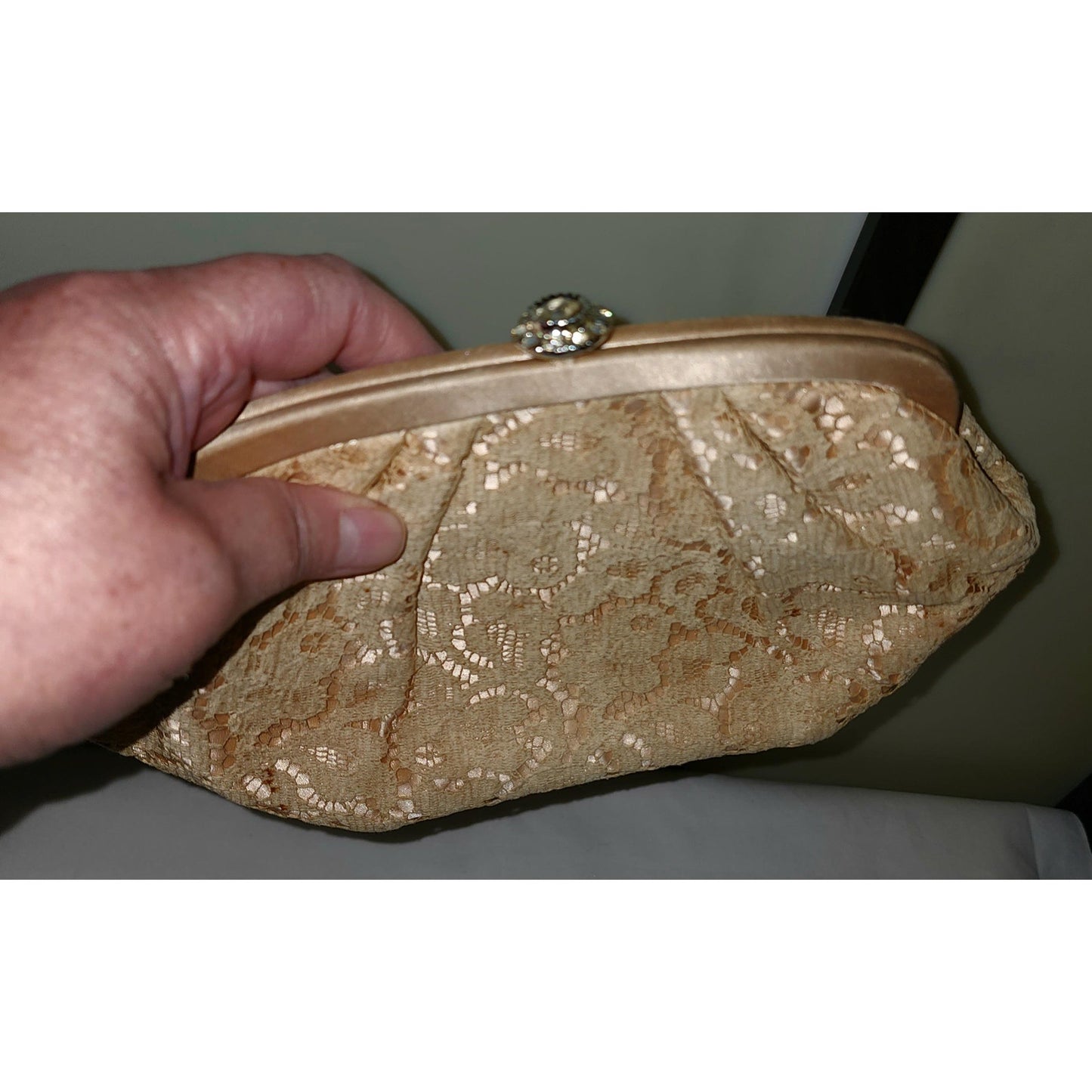 Vintage 1950s Clutch Small Pink Beige Lace Purse Rhinestone Clasp Mid Century Rockabilly Wedding Bridal