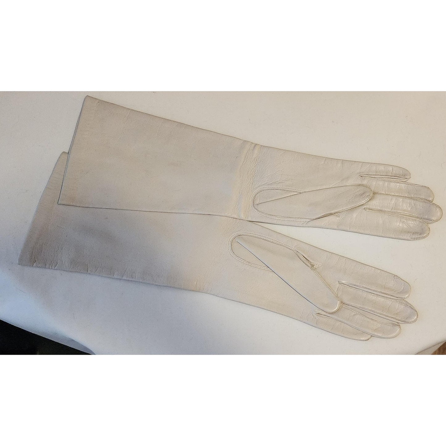 Vintage Leather Gloves 1960s Midlength Light Beige Leather Elbow Gloves Thin Nylon Lining Van Raalte Mid Century 7