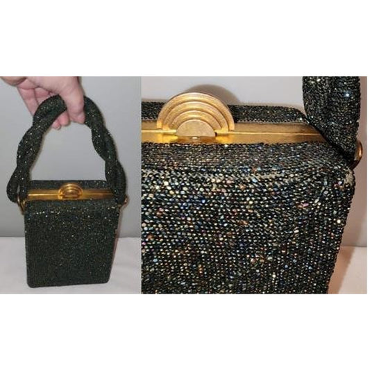 Vintage 1930s Purse Black Iridescent Carnival Glass Micro Bead Box Purse Braided Bead Handle Gold Metal Frame Art Deco Mid Century