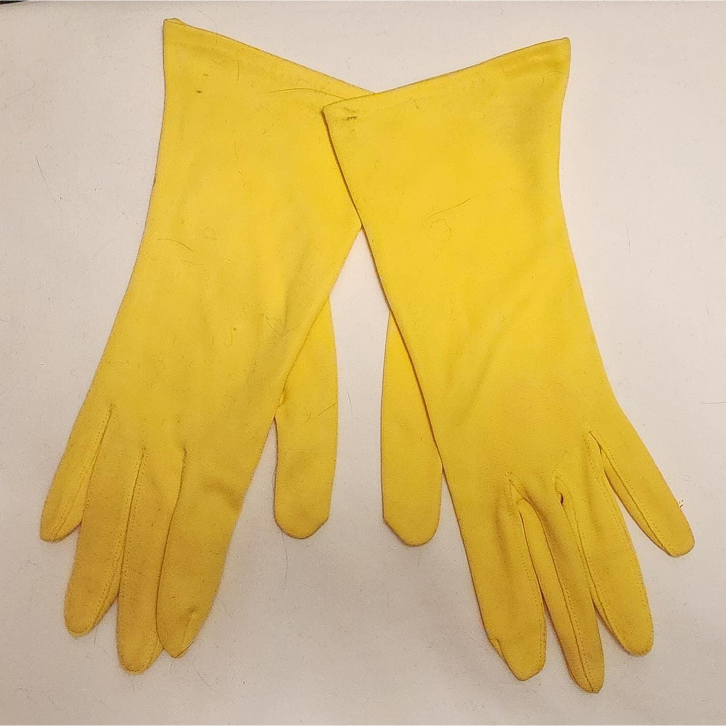 Vintage Yellow Gloves 1960s Bright Canary Yellow Midlength Stretch Nylon Gloves Mid Century 6 6.5 7 surface dirt