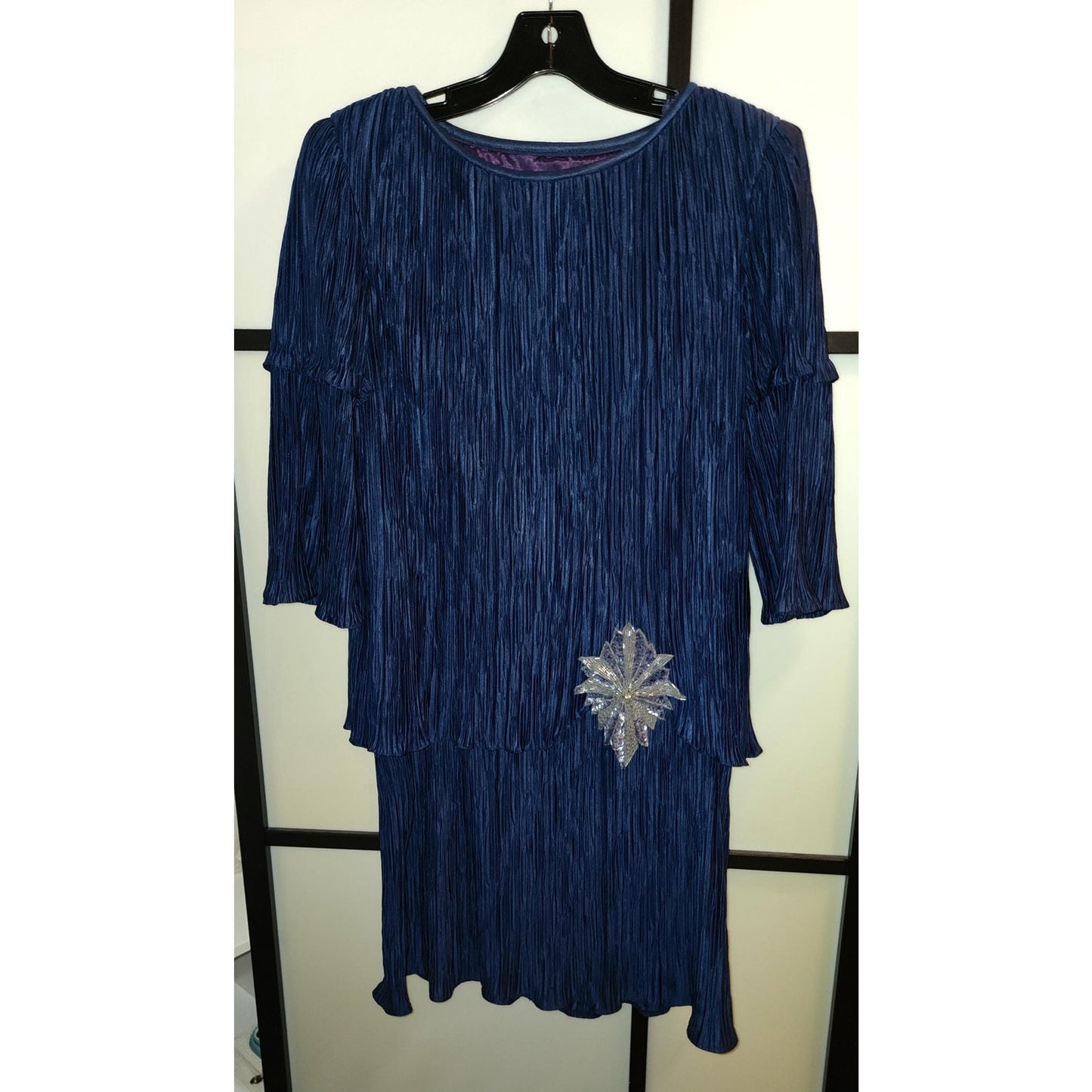 Vintage Evening Dress 1980s Dark Blue Micro Pleat Tiered Flapper Style Cocktail Dress Huge Beaded Ornament After Dark M