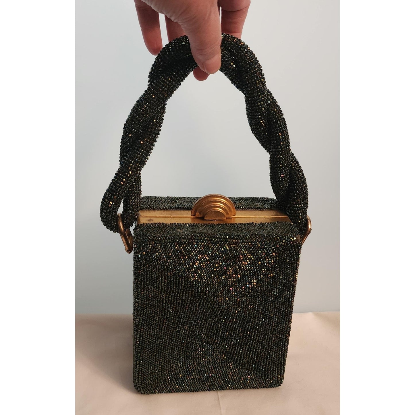 Vintage 1930s Purse Black Iridescent Carnival Glass Micro Bead Box Purse Braided Bead Handle Gold Metal Frame Art Deco Mid Century