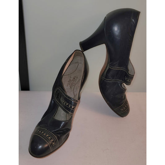 Vintage 1930s Shoes Dark Blue Leather Pumps Heels Contrasting Stitching Round Toes Selby Art Deco 6 A A