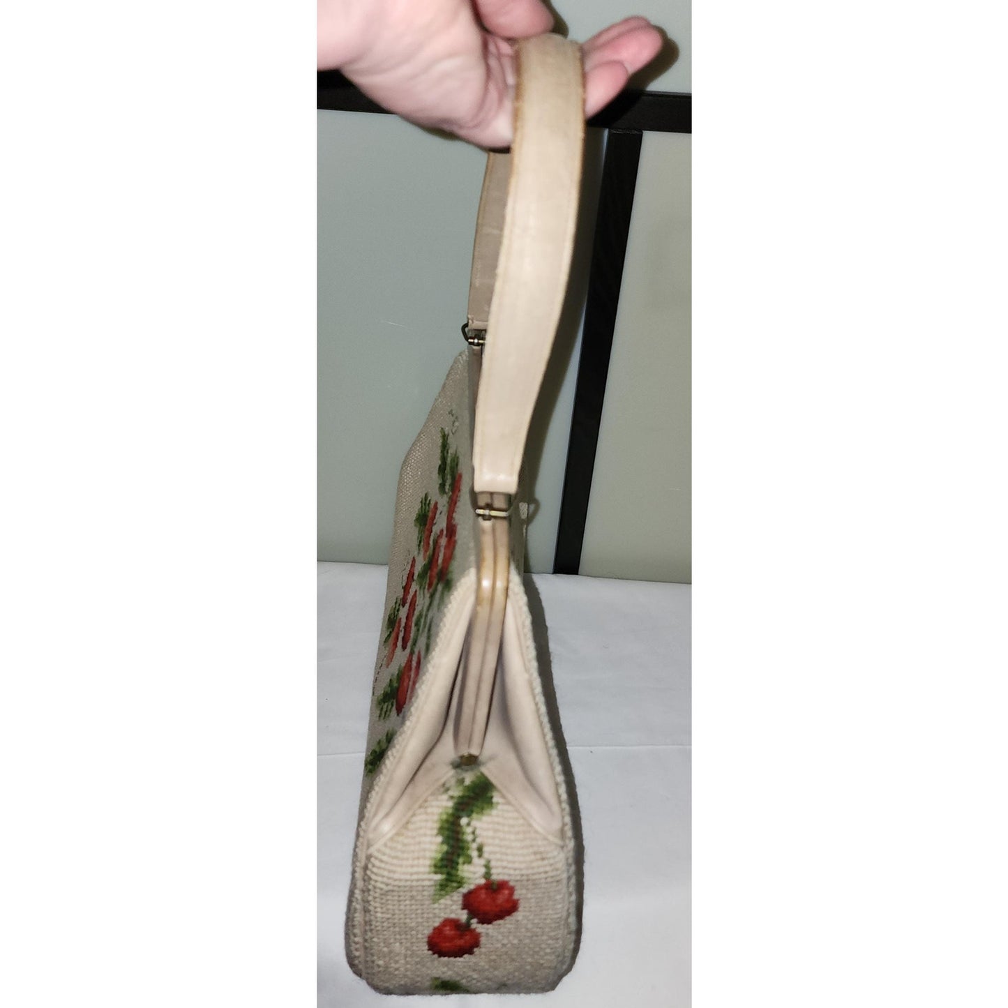 Vintage Cherry Purse Large 1950s Beige Wool Embroidered Bag Red Cherries Green Leaves Mid Century Rockabilly