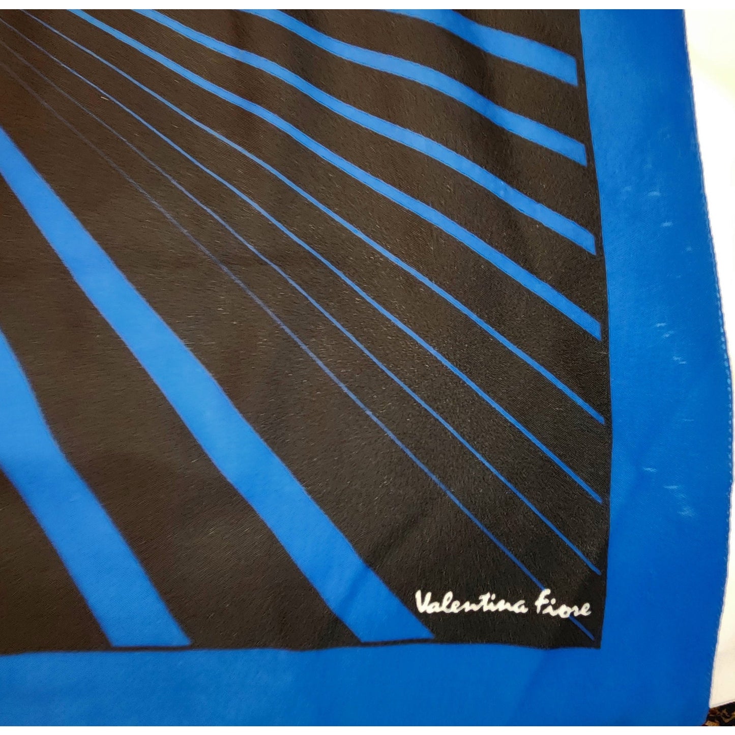 Vintage Graphic Scarf 1960s Valentina Fiore Blue Black Op Art Geo Print Silk Rayon Scarf Boho 29.5 x 30.5 in. small flaws