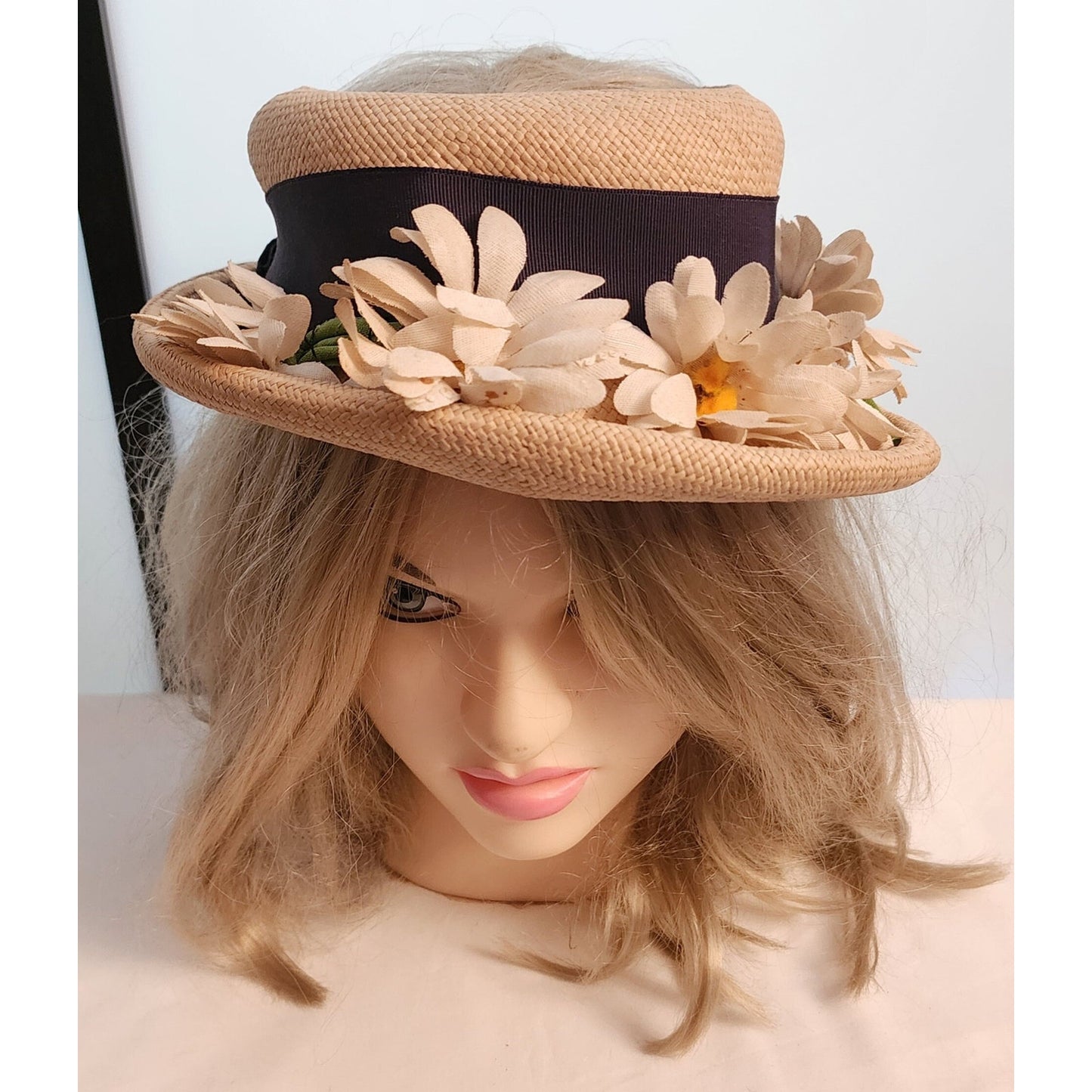 Vintage 1930s Hat Natural Straw Open Crown Hat Rolled Brim Lg Daisies Ribbon Daisy Hat Art Deco 20.5 in.