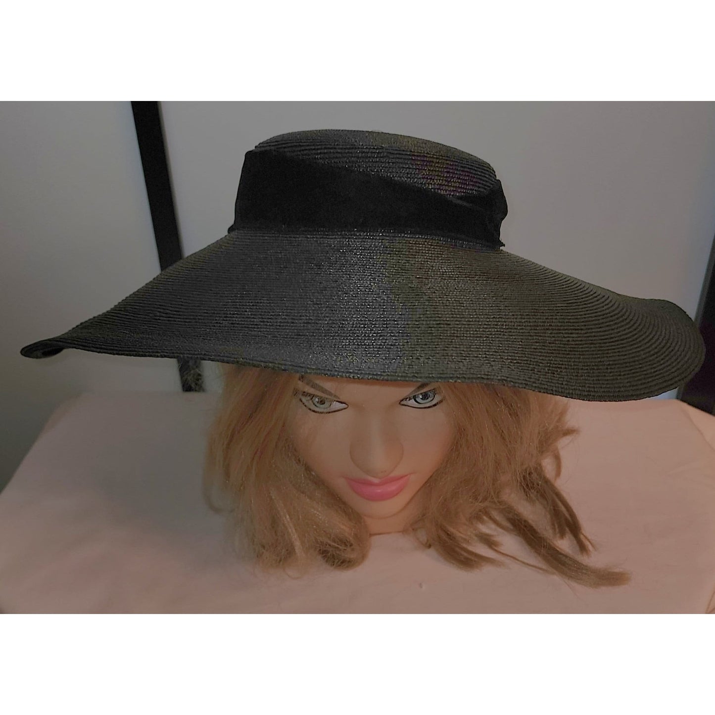 Vintage Platter Hat Large 1950s Black Straw Pancake Sun Hat Tilt Hat Huge Velvet Bow Mid Century 19 inches