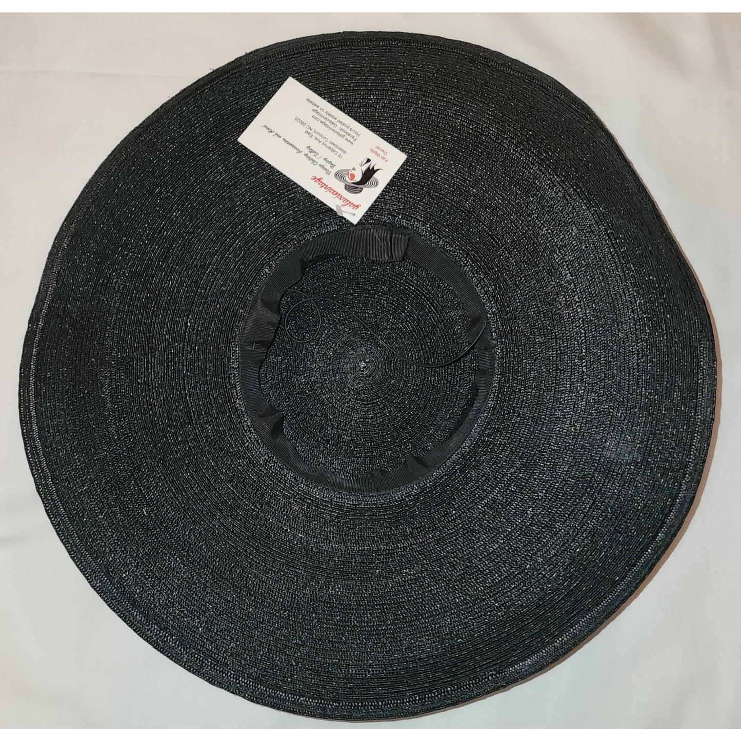 Vintage Platter Hat Large 1950s Black Straw Pancake Sun Hat Tilt Hat Huge Velvet Bow Mid Century 19 inches