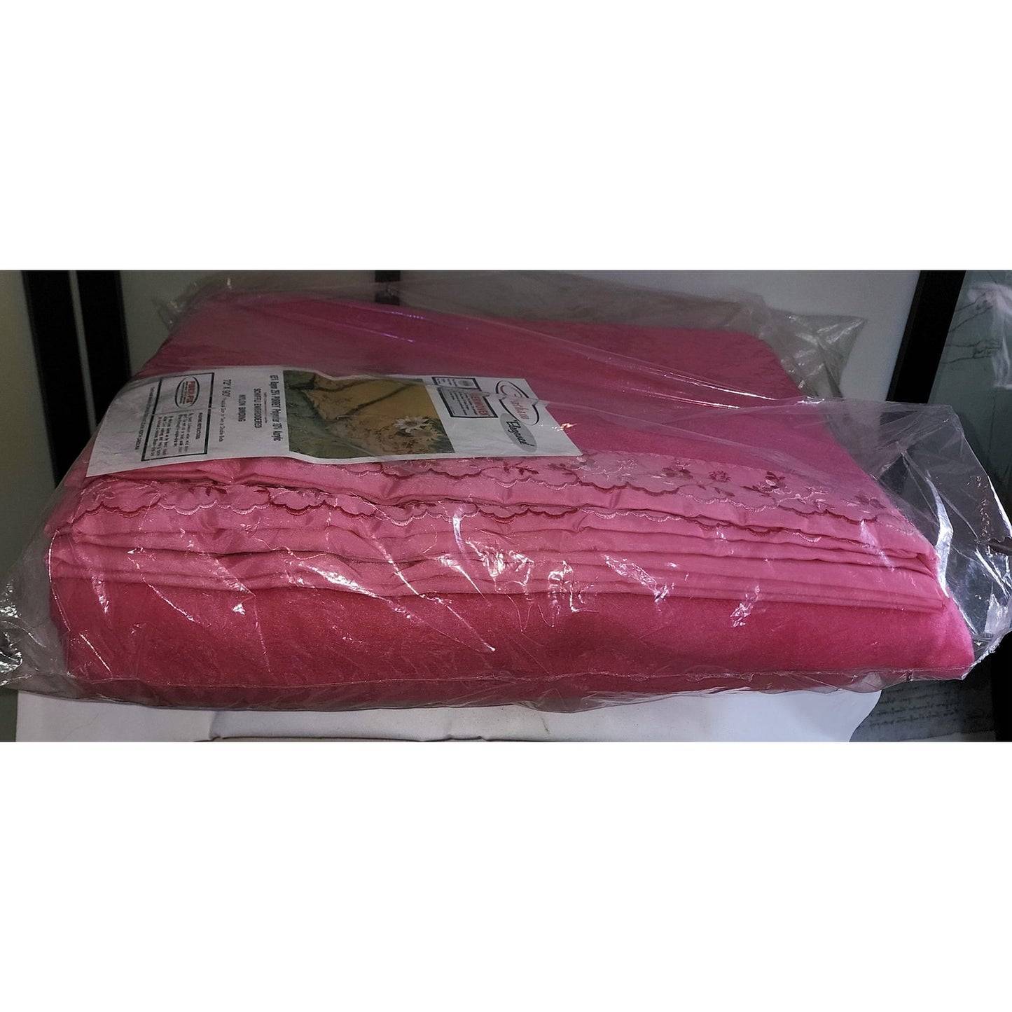 Unused Vintage Blanket 1960s Bright Pink Rayon Poly Acrylic Blanket Pink Floral Embroidered Trim NIP Mid Century Bedding 72 x 90 in