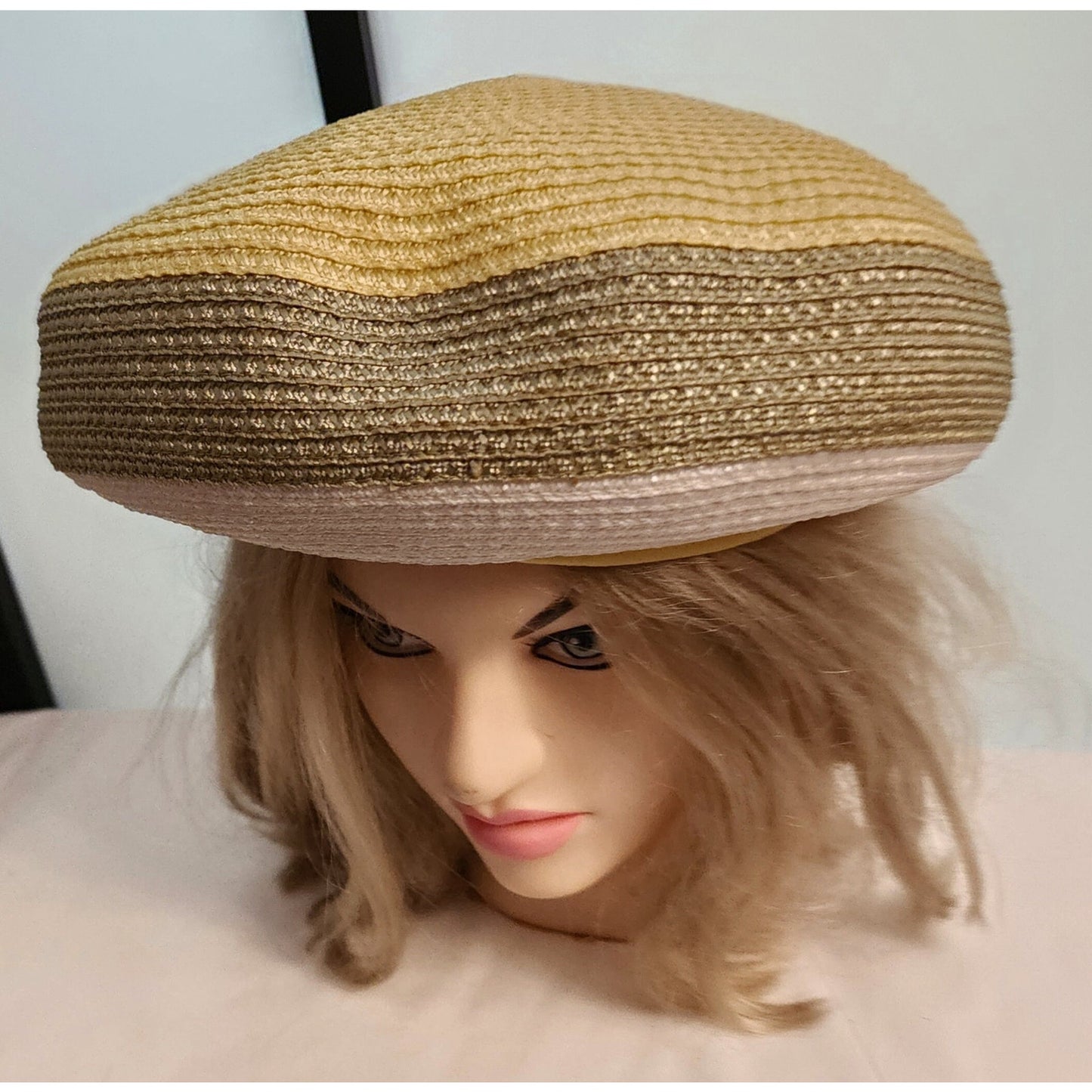 Vintage 1960s Hat Large Straw Beret Pouf Style Green Yellow White Hat Velvet Trim Mid Century Mod 21.5 inches