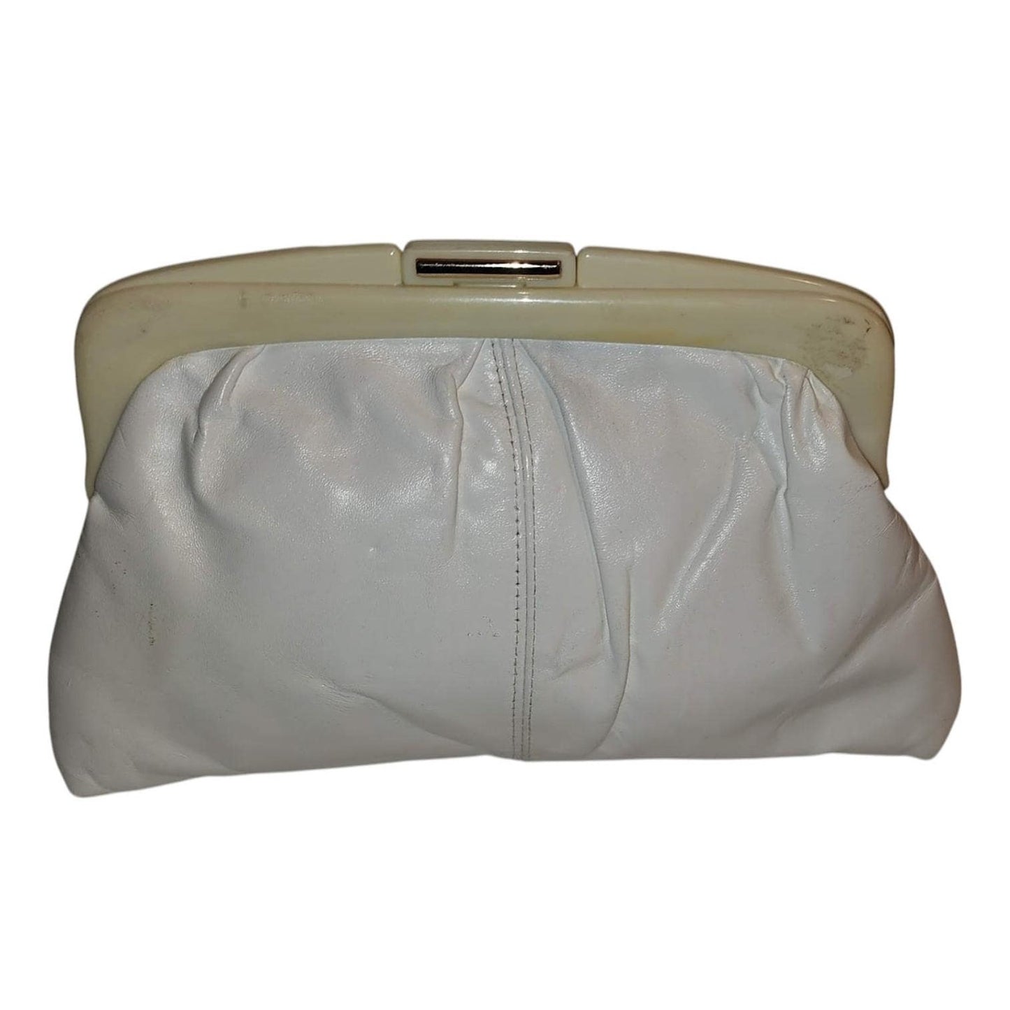Vintage White Clutch 1970s 80s Cream White Leather Vinyl Clutch Purse Plastic Frame Boho