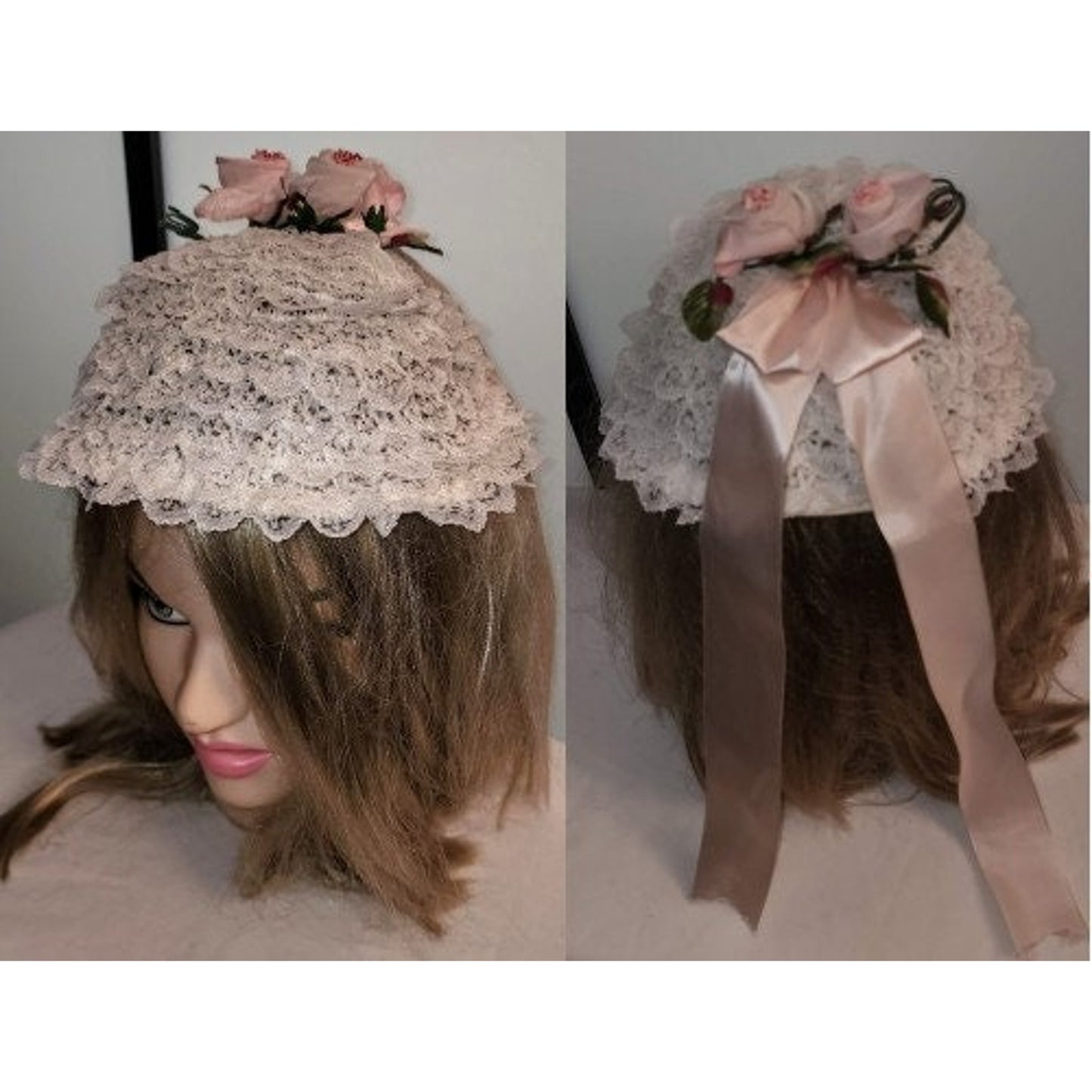 Vintage Lace Hat 1950s Round White Lace Ruffle Bonnet Hat Pink Floral Trim Long Satin Ribbons Mid Century Lolita Bo Peep