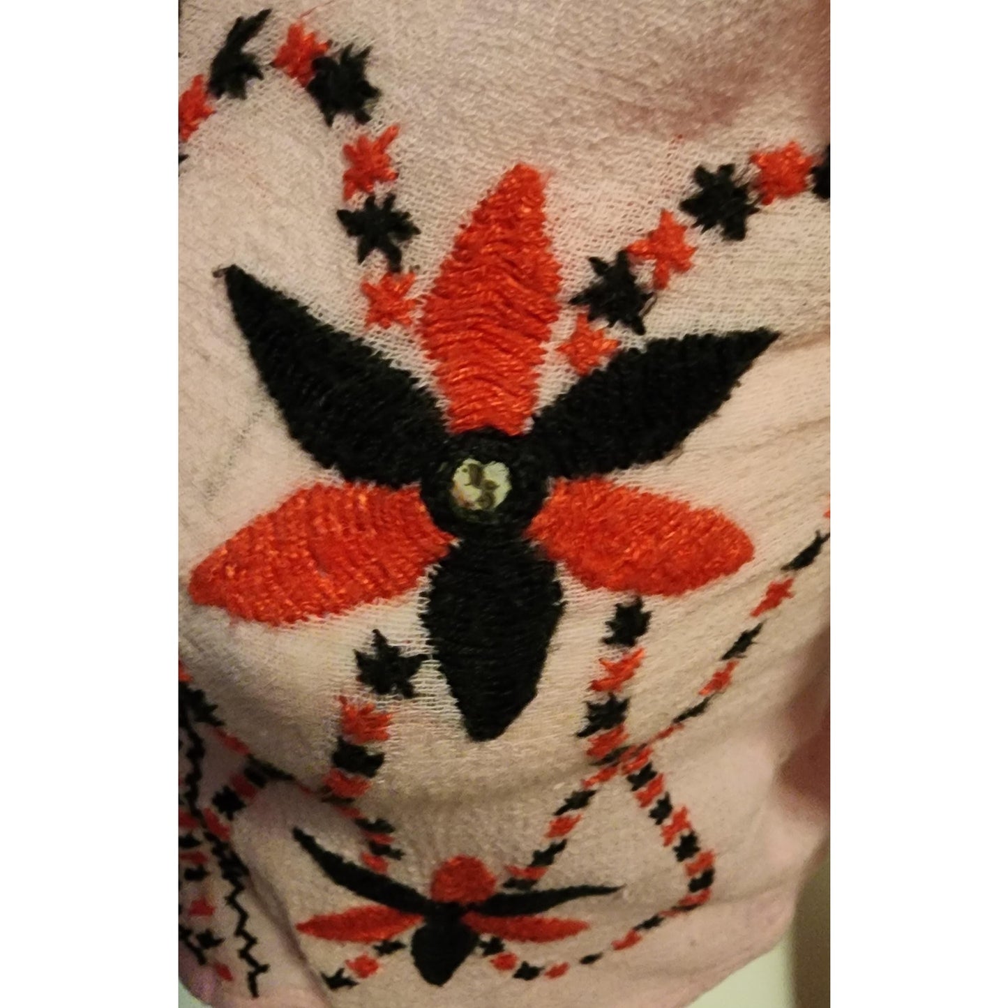 Vintage 1970s Top Light Pink Gauzy Cotton Embroidered Crop Top Blouse Tiny Mirrors Made in India Hippie Boho XS As Is