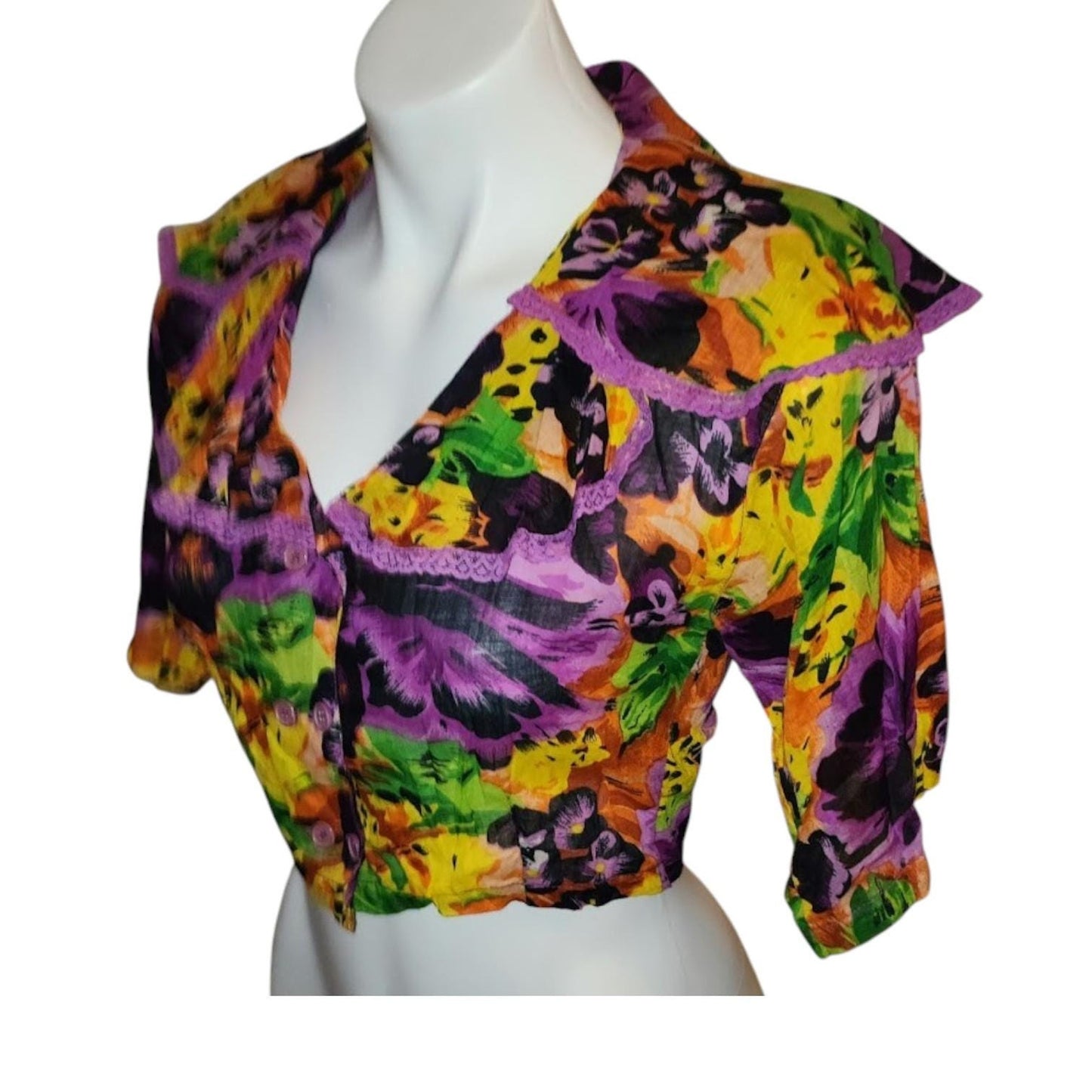 Vintage 80s 90s Bright Purple Yellow Floral Thin Cotton Cropped Blouse Top Huge Flouncy Collar Speed Limit MPH Made in India Boho S
