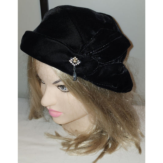 Vintage Velvet Hat 1930s 40s Asymmetric Black Velvet Cocktail Half Hat Rhinestone Loop Ornament Mid Century Art Deco 21 in.