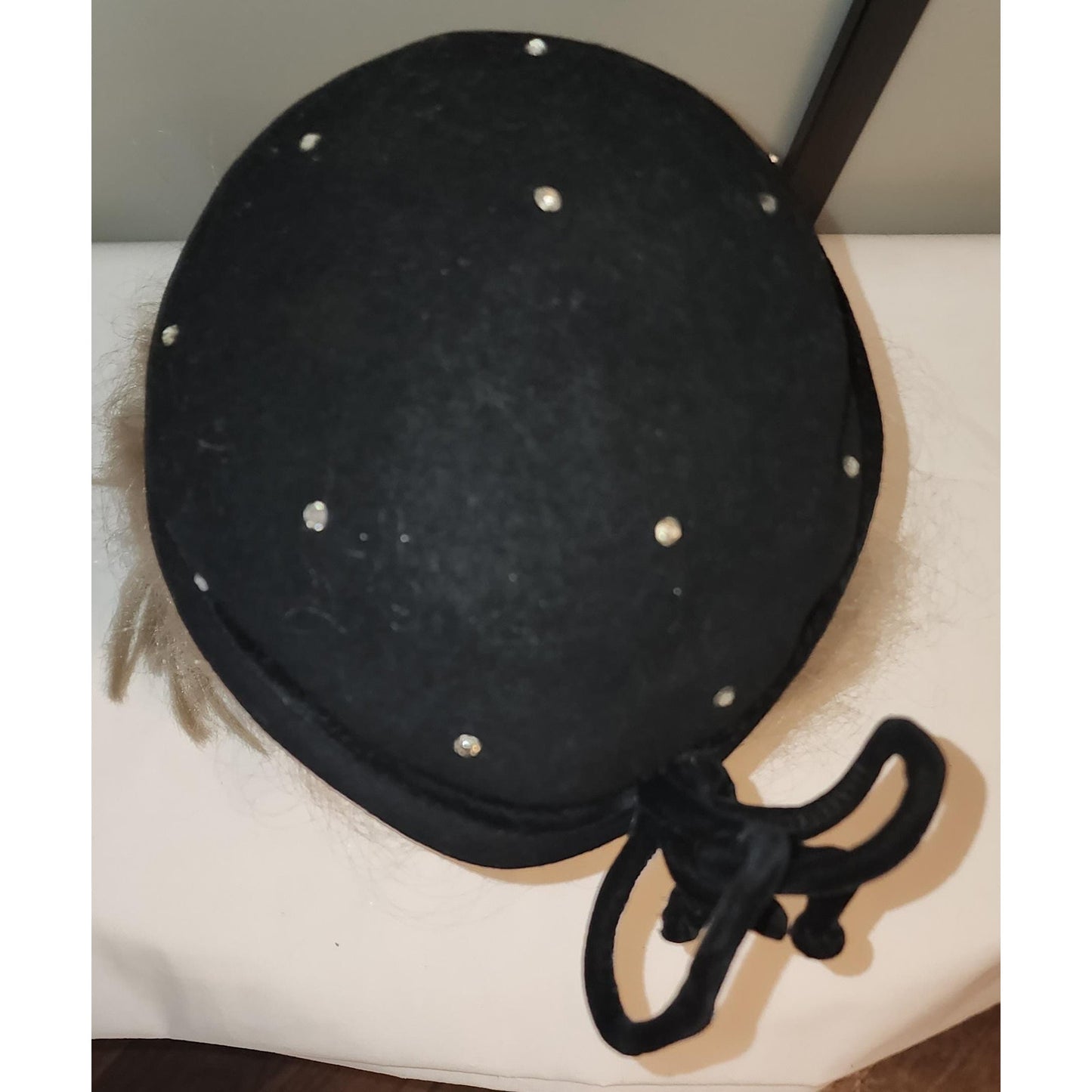 Vintage 1930s Hat Round Black Felt Cocktail Hat Prong Set Rhinestones Black Velvet Ribbon Ornament Art Deco 20.5 in.