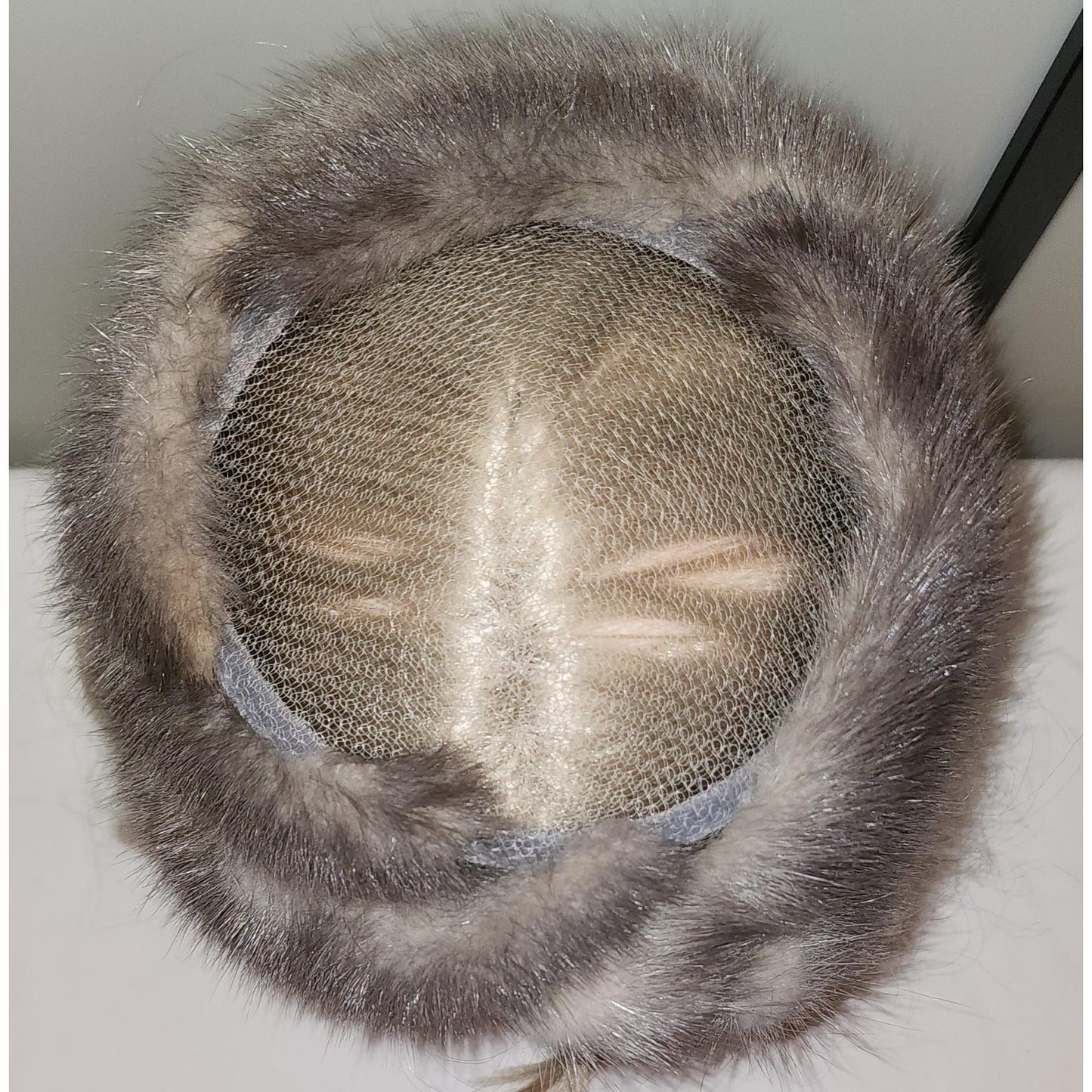 Vintage Fur Hat 1950s Round Silver Gray Mink Fur Hat Net Top Mid Century