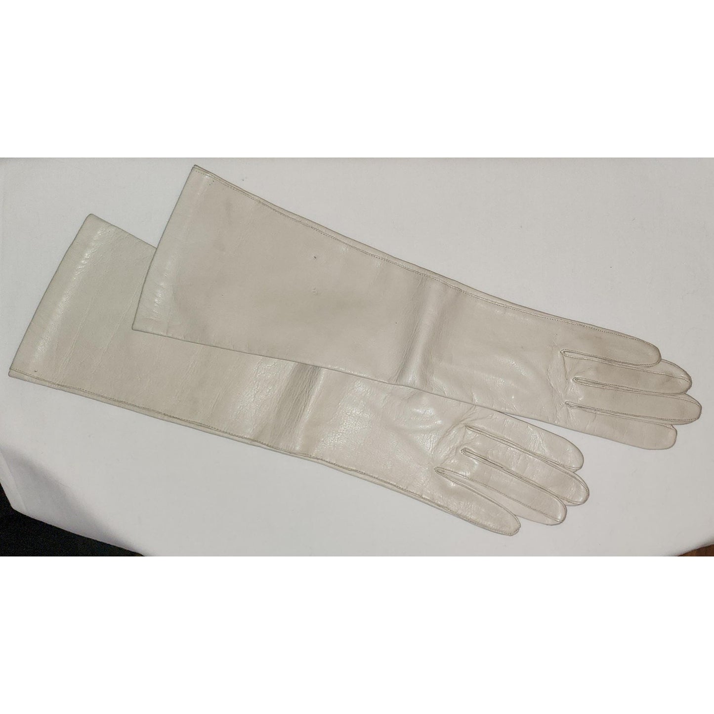 Vintage Leather Gloves 1960s Midlength Light Beige Leather Elbow Gloves Thin Nylon Lining Van Raalte Mid Century 7