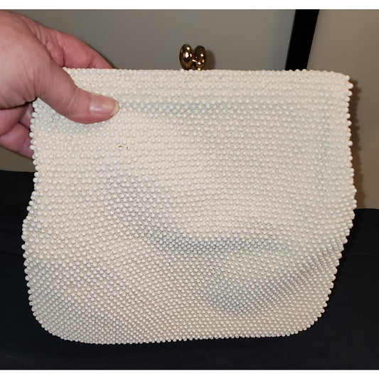 Vintage Beaded Purse 1950s 60s White Cream Bead Clutch Kiss Lock Clasp Optional Chain Handle Mid Century