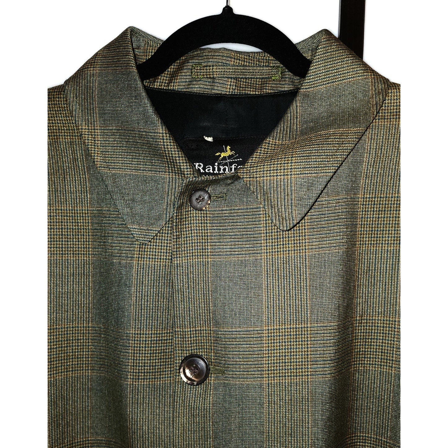 Men's Vintage Coat 1960s Overcoat Topcoat Dark Green Plaid Raincoat Rainfair Mid Century L XL chest 50 in.