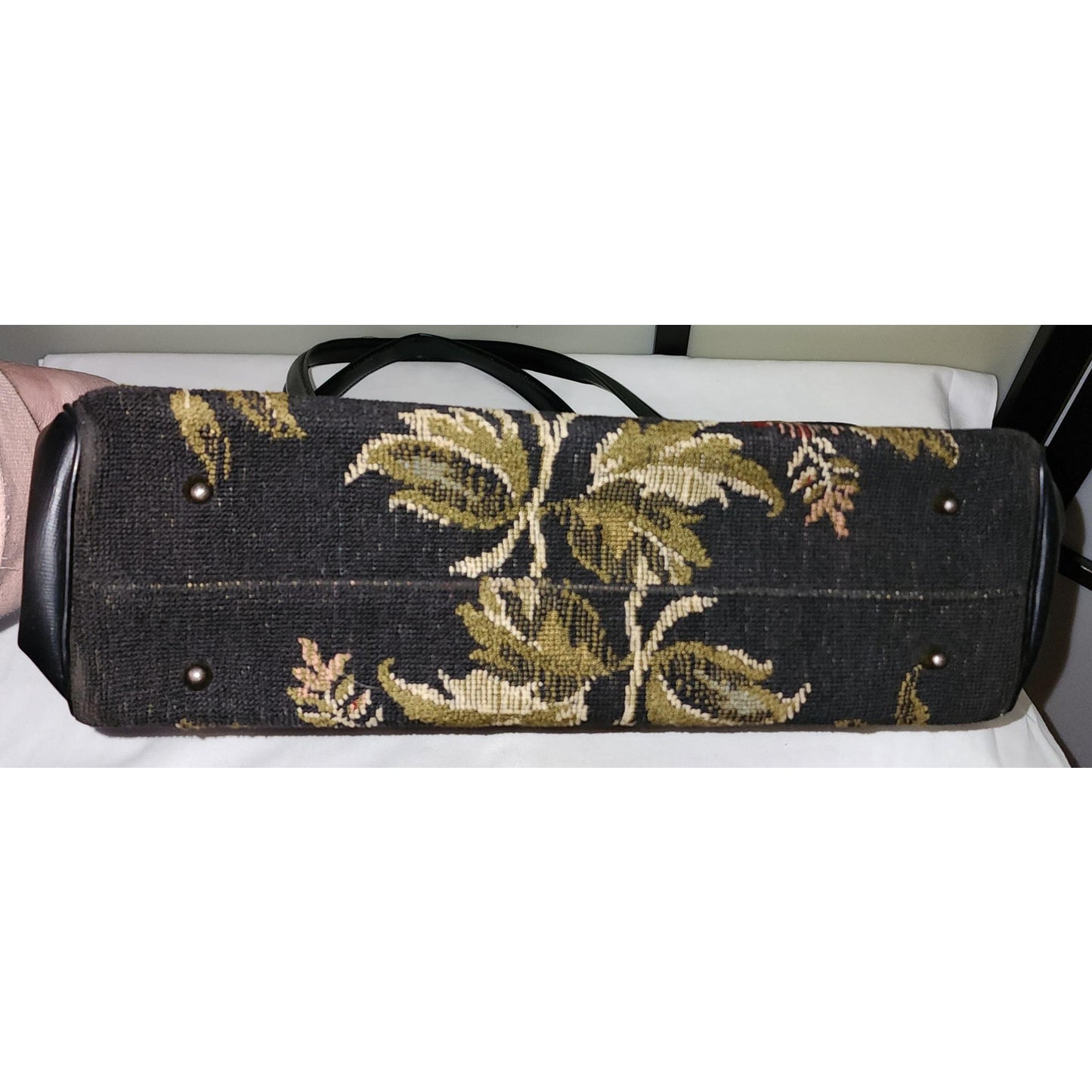 Vintage Tapestry Purse 1950s 60s Large Black Floral Tapestry Bag Leather Vinyl Trim Mid Century Boho dirty lining