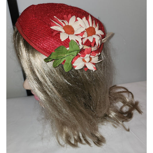 Vintage Red Hat 1950s Red Floral Half Hat Perch Hat Daisies Daisy Hat Mid Century 20.5 in.