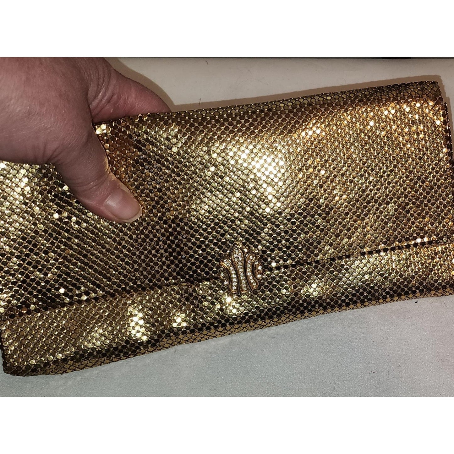 Vintage Gold Clutch 1950s Whiting and Davis Gold Metal Mesh Clutch Purse Rhinestone Clasp Mid Century Evening Purse Bag