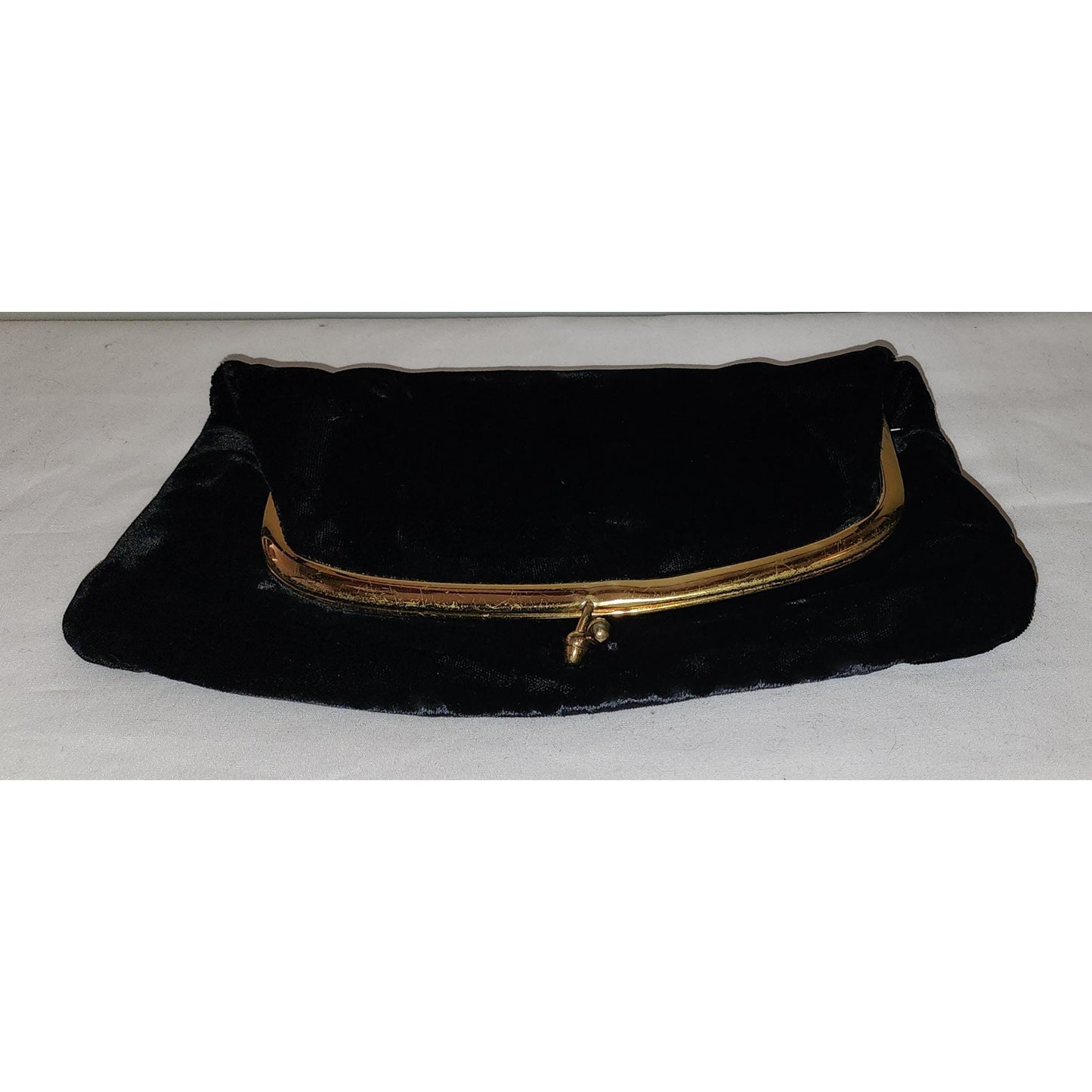 Vintage Clutch Purse 1950s Black Velvet Pouch Foldover Clutch Purse Goldtone Metal Frame Kiss Lock Satin Lining Mid Century