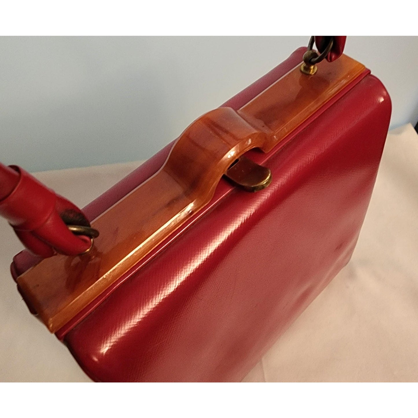 Vintage Red Purse 1930s 40s Red Vinyl Box Purse Butterscotch Celluloid Lucite Trim Top Handle Mid Century