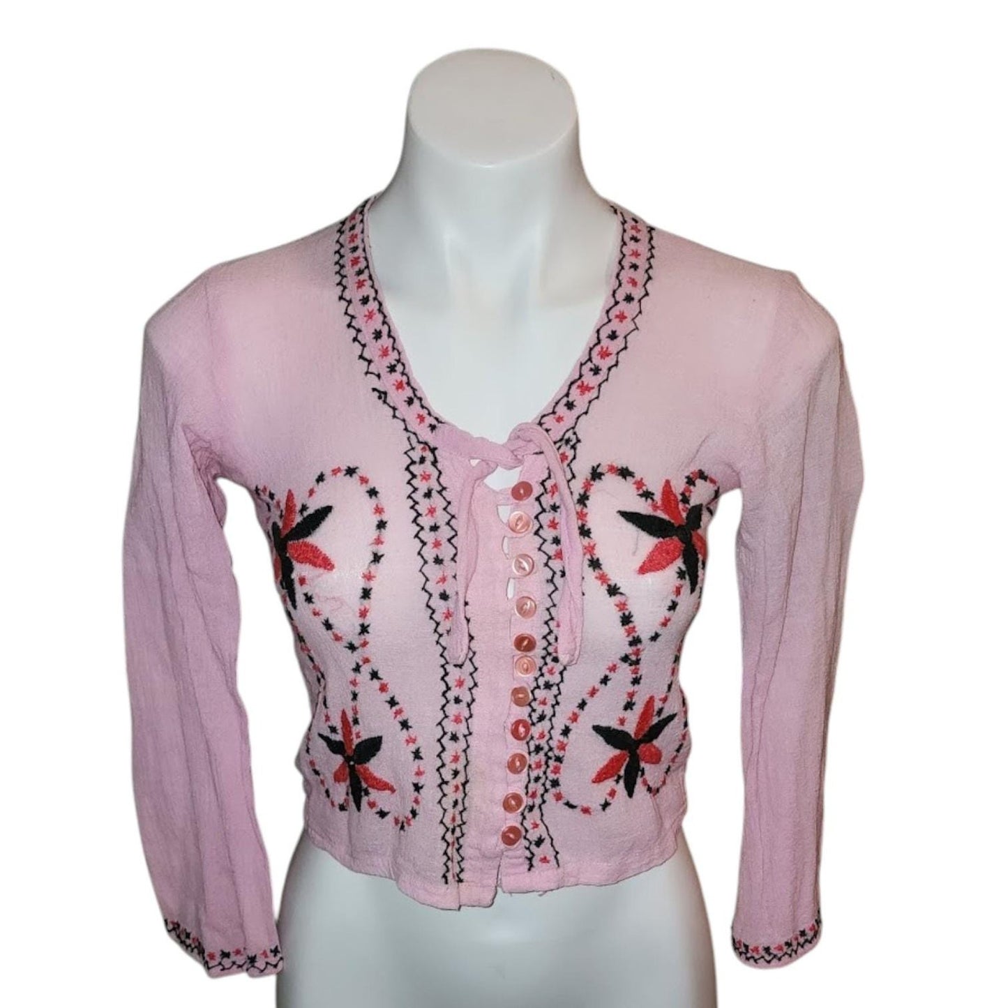 Vintage 1970s Top Light Pink Gauzy Cotton Embroidered Crop Top Blouse Tiny Mirrors Made in India Hippie Boho XS As Is